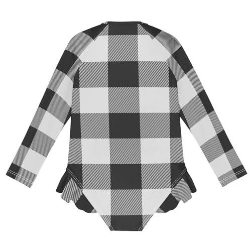 Girls One Piece Swimsuits Long Sleeve Swimsuit Zipper Bathing Suits White Black Plaid2