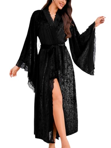 ChiaoLezhee Silk Long Robe For Women, Satin Lace Trim, Bride Wedding Night, Bridal Bridesmaid Kimono...