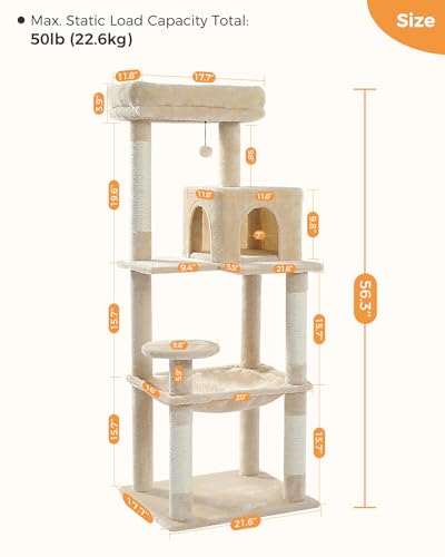 Image of MUTTROS Cat Tree for Large Cats Adult with Metal Plush Big Hammock, 56.3 inch Cat Tower with 2 Door Condo House, 6-Tier Cat Shelves with Scratching Posts and Large Top Perch, Beige