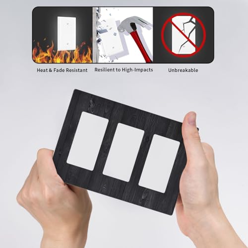 Decorative Outlet Covers Vintage Black Wood Plank Wooden Board 3 Gang Outlet Cover Wall Plate Triple Rocker Light Switch Cover Plate Switch Plate Covers for Farmhouse Home Decor