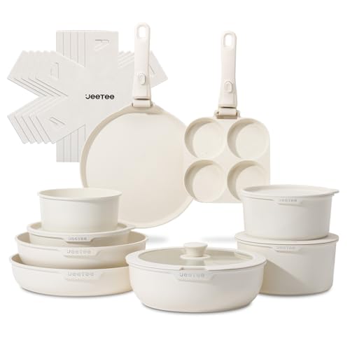 Image of JEETEE Pots and Pan Set Non Stick 20 Pcs, Cookware Set Detachable Handle, RV Kitchen Cooking Set Removable Handles, Stackable Non-stick Set, Oven Safe, Beige