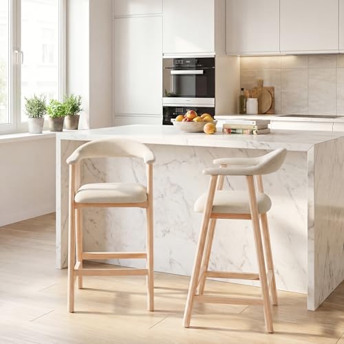 Image of 26 inch Bar Stools Set of 2, Upholstered Counter Stools, Modern Linen Counter Height Bar Chairs with Backs and Arms, Wood Legs and Footrest, for Kitchen Counter, Island, Dining Room, Beige