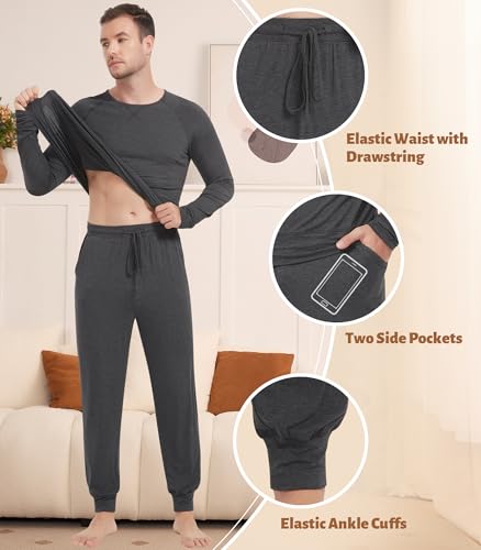 Image of NACHILA Mens Pajamas Set Long Sleeve Henley Sleepwear Top Soft Jogger Pants Pajamas Cool Pjs Set,Viscose Made from Bamboo