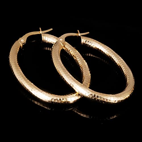 Italian 14k Yellow Gold Honeycomb Hollow Oval Hoop Earrings 1.3" 3mm 2.2 grams3