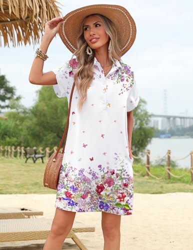 Image of HOTOUCH Womens Summer Shirt Dress 2026 Short Sleeve Floral Shift Dress Casual Loose Flowy Beach Sundress with Pockets