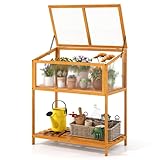 2-in-1 Fir Wood Elevated Greenhouse with Slatted Shelf, 35.5"x20"x42" Adjustable Roof Cold Frame for Extending Growing Season – Indoor/Outdoor Plant Protection & Gardening Tool Storage