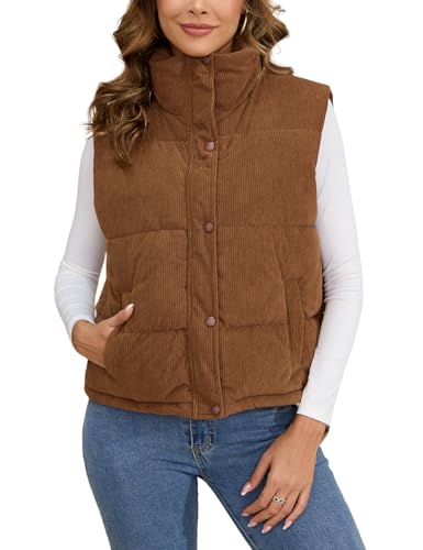 Gihuo Women's Corduroy Puffer Vest Stand Collar Zip Up Padded Vests Sleeveless Quilted Jackets Snap Gilet with Pockets2