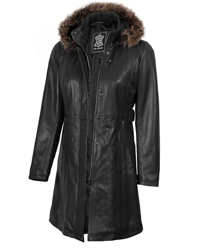 fjackets Women Black Long Coats - Real Leather Zip Up Hooded