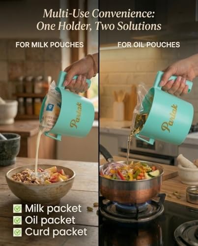 Image of Milk and Oil Packet Holder, Black Plastic Kitchen Organizer with Handle, Cylindrical Spill-Proof Pouring Container (Green, Small)