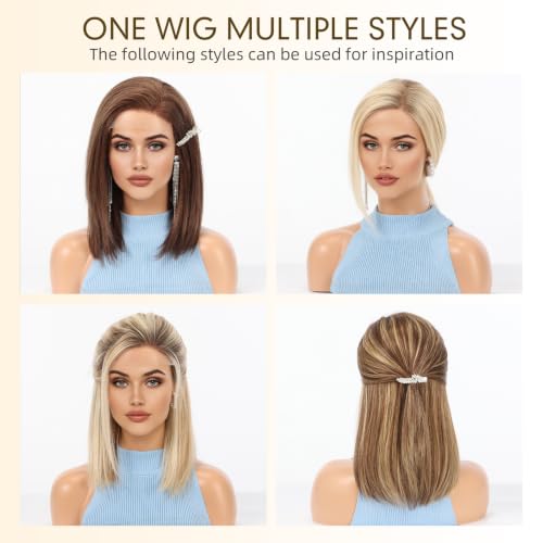 Image of KKU 100% Human Hair Lace Front Wig for Women- Pre-Plucked Natural Hairline, Side Part Brown Mixed Blonde Wig, 14 Inch, Soft & Natural Hair for Daily Use