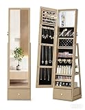 Nicetree Espejo joyero de Pie con Espejo para Joyas, Armario joyero inclinable de Madera con Cerradura, Armarios para joyas, Blanco Grano de Madera, Regalo Ideal