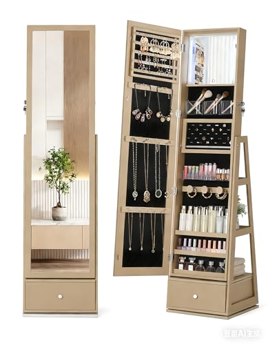 Nicetree Espejo joyero de Pie con Espejo para Joyas. Armario joyero inclinable de Madera con Cerradura. Blanco Grano de Madera....