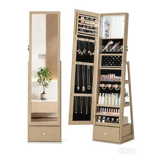 Nicetree Armoire à bijoux sur pied, Armoire de rangement, avec miroir plein sans cadre, blanc.