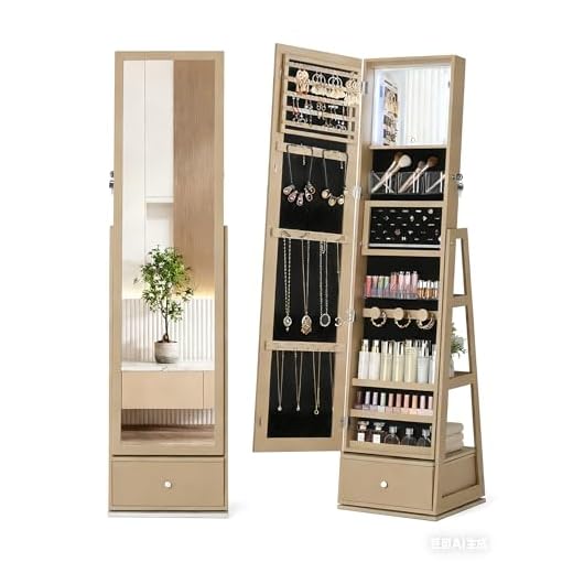 Nicetree Armoire à bijoux sur pied, Armoire de rangement, avec miroir plein sans cadre, blanc.