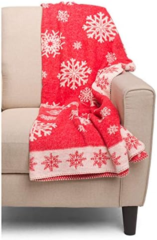 Roca Home Portugal Luxury Holiday Decorative Oversize Throw Blanket Toss Winter Snowflake Pattern in Shades of Red and White