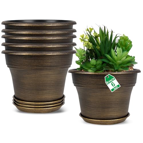 Plant Planters Pots Set of 6 Pack 6 Inch, Plastic Flower Pot For Indoor Plants With Drainage Holes & Trays, Resin Decorative Container Sets With Saucer For House Outdoor Garden Planters Dark Gold