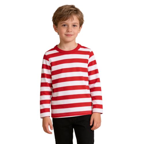 Image of LittleSpring Unisex Kids Long Sleeve Striped Tee Shirt Tagless Crew Neck Cotton T-Shirt