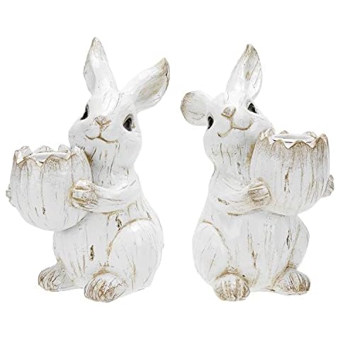 SOFFEE DESIGN Set of 2 Bunny Decorations Candlestick Holder Spring Home Decor, Bunny Figurines Easter White Rabbit with Egg Candle Holder Weddings Crafts Gifts Cover