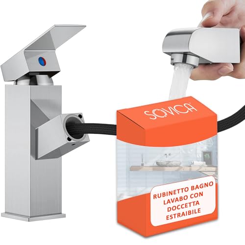 Rubinetto bagno lavabo con doccetta estraibile acciaio inox monocomando per acqua calda e fredda con 2 tubi flessibili inclusi miscelatore lavabo bagno doccetta