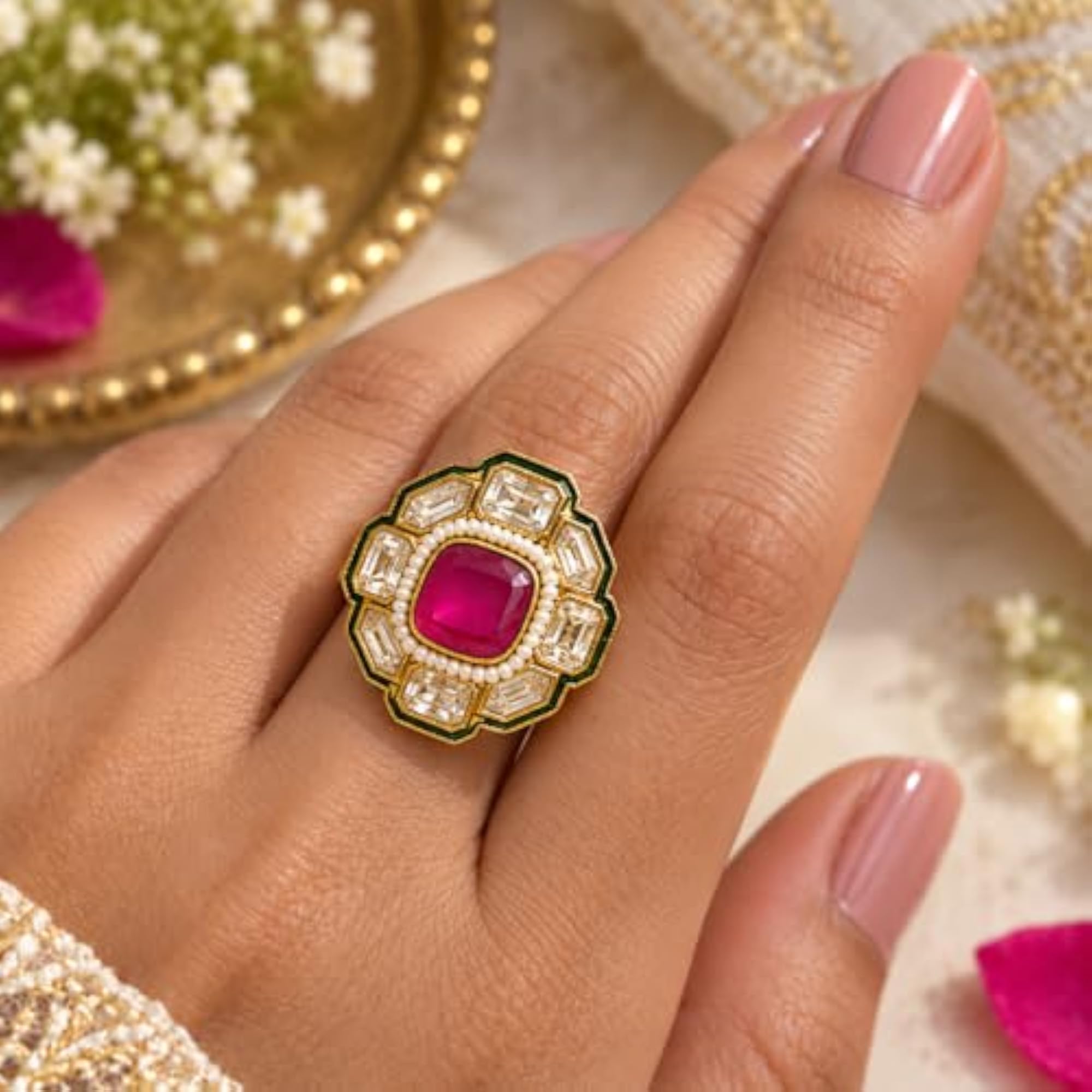 Floral Statement Kundan Adjustable Ring, Gold-Tone