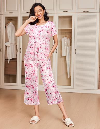 Ekouaer 2 Pack Women's Short Sleeve Pajamas Set with Pockets