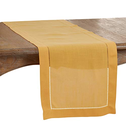 SARO LIFESTYLE Classic Hemstitch Table Runner - Elegant Everyday Table Runner with Textured Fabric and Hemstitched Border for Dining Tables and Formal Entertaining, 16"x36", Mustard