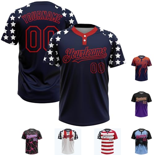 Custom American Flag Baseball Jersey Navy Blue Softball Jersey Two-Button Softball Shirt Team Jersey Personalized Sports Uniform Customized Tee Name & Number for Men Women Youth for Independence Day