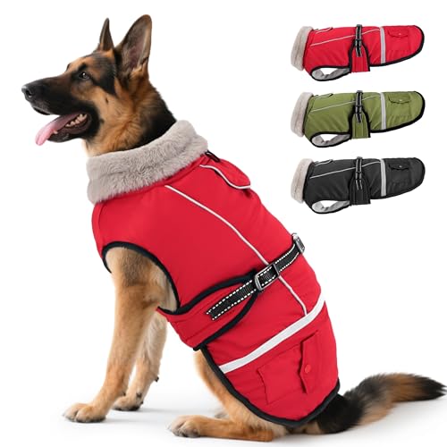 Woiil Hundemantel Winter, Hundemantel Wasserdicht für Grosse Hunde mit Verstellbaren Schultergurten, Warm Hundejacke aus Fleece, Reflektierende Streifen, Geeignet für Deutsche Schäferhunde (XXL,Rot)