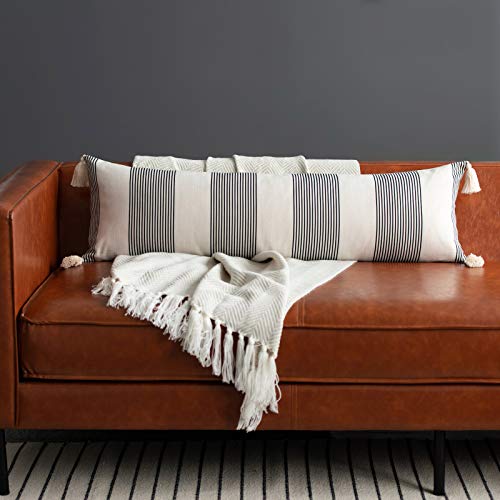 Hofdeco Modern Boho Moroccan Indoor Outdoor Body Lumbar Pillow Cover Only For Bed, Backyard, Couch, Sofa, Neutral Black Stripe Tassels, 12"X40" #TOP5