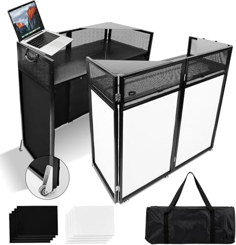 2026 Upgraded DJ Booth with Wheels, 44x20x50Inch DJ Facade with Replaceable White and Black Scrims, Foldable Portable Design DJ Table Stand with Carry Bag, for Party, Event, Wedding