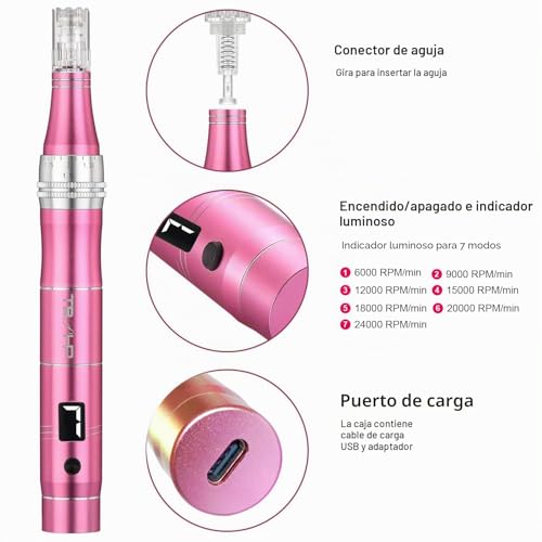 Miniatura 3 de Tbphp M1 Derma Pen Eléctrico Pantalla Lcd Con Pantalla Lcd Y 7 Niveles De Velocidad,Incluye 12 Cartuchos Rosa