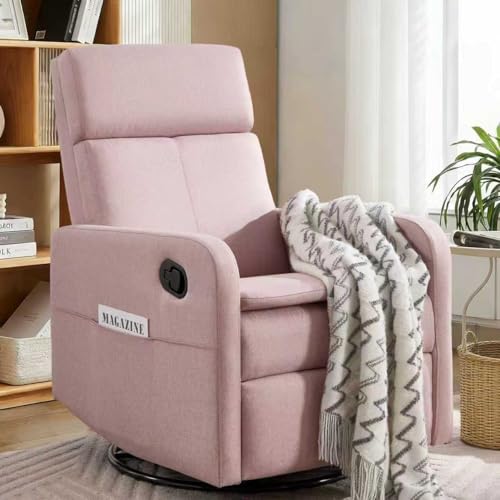 taixusf Swivel Rocking Recliner Chair for Adults, Upholstered Fabric Glider Recliner, Reclining Chair with Side Pockets and Double-Thick Cushion for Living Room Bedroom Nursery (Pink)