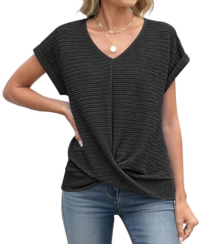 ETCYY NEW Summer Tops for Women Front Twist T Shirts V-neckline Tunic Top Dressy Casual Blouse Tees