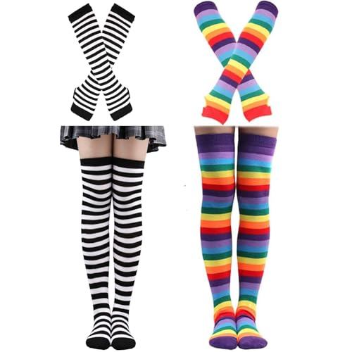 fjberrtsat 2/4 Sets Womens Striped Knee High Socks Long Knit Arm Warmers Fingerless Gloves Set for Halloween Costume (2sets Striped Black+rainbow Purple)