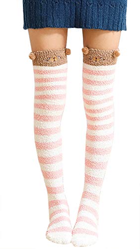 Image of Hotmiss Womens Thigh High Fuzzy Socks Cute Over the Knee Stockings Winter Warm Stripe Leg Warmers