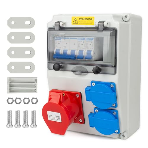 WDKXCN Starkstrom Verteiler, Stromverteiler 16A, Baustromverteiler 16A mit LS Schalter, Wandverteiler 16A mit Steckdosen 2x230V & 1xCEE 16A Verkabelt, IP44 Wasserdicht, für Baustellen
