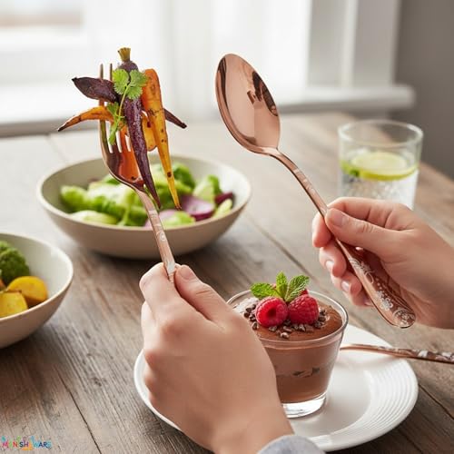 Image of Floral Rose Gold 5 Pcs Stainless Steel Cutlery Set for Dining Table, Dishwasher Safe Glossy Flatware (1 Spoon Set+1 Forks Set+1 Butter Knife+1 Dessert Spoon+ 1 FruitFork)