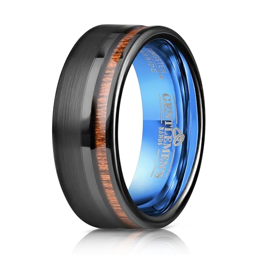 Men's Brushed Black Tungsten Carbide Wedding Band - Premium Grade Hawaiian Koa Wood Inlay Wedding Ring- Includes Silicon Band, Leather Drawstring Pouch, & Premium Finished Walnut Ring Box (Size 10)