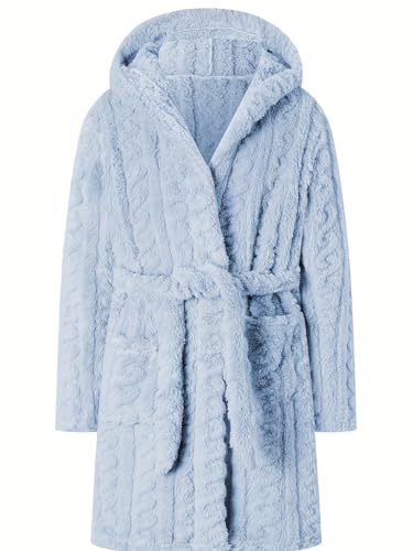 Girl's Flannel Robes, Bath Robe with Belt, Soft Flannel Kids Sleepwear Hoodie, Sky Blue, 7-8 Years = Tag 150