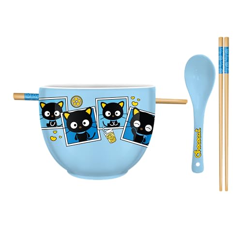 Image of Silver Buffalo Sanrio Hello Kitty and Friends Ceramic Ramen Bowl Set with Chopsticks and Spoon Featuring Chococat, 20 Ounces