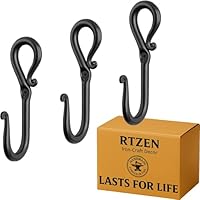 RTZEN Wall Mount Hook Set - Wrought Iron Decorative Rustic Metal Coat Hooks for Hanging - Handcrafted Classic Farmhouse Wall Mounted Black Hooks for Towel Robe or Hat Hanging - 3 Pack