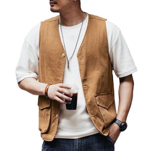 [GUREITOJP] デニムベスト チョッキ カーキ ブラック グリーン vネック ポケット ジャケット 袖無し 春夏 メンズ 薄い カジュアル 着痩せ トップス ゆったり 上着 ファッション お釣り アウトドア 登山 - GUREITOJP - 商品画像