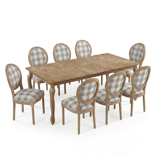Image of Christopher Knight Home Bilas Extendable Dining Table Set for 8, Expandable Kitchen Table and Dining Chairs Set of 8, Rubberwood Dining Room Table Set for 8, Blue Plaid+Natural