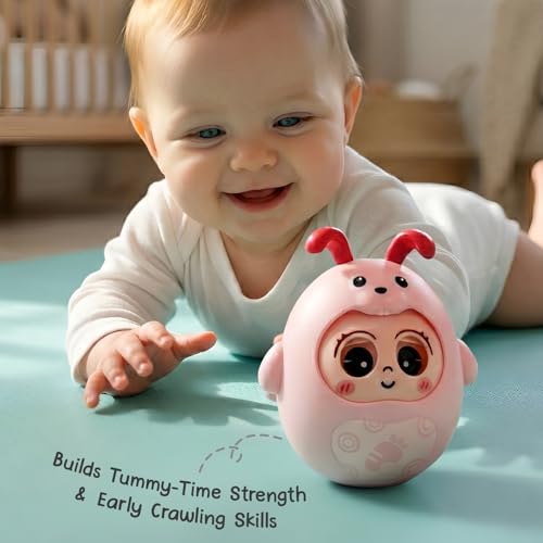Image of Intellibaby Premium Roly Poly Rabbit Toy for Babies,Push&Shake Tumbler Wobble Doll for Infants,Bell Rattle Sound&Blinking Eyes Rabbit Doll for 8 Months+,Birthday Gift for Toddler,BIS Certified (Pink)