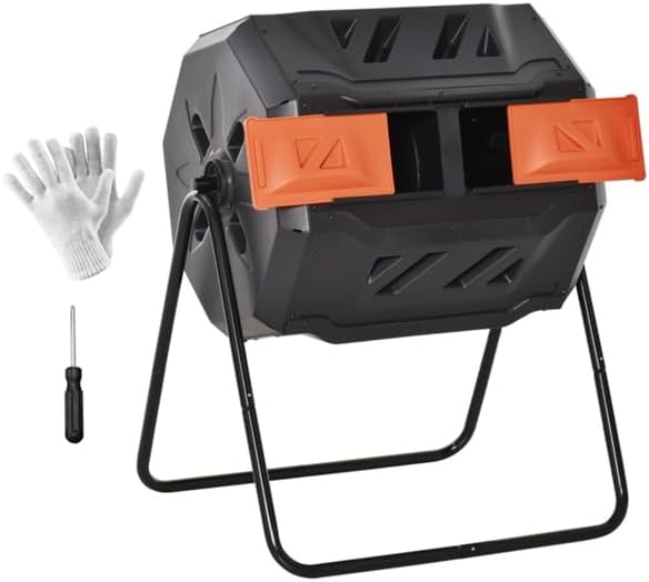 43 Gallon Dual Chamber Compost Tumbler, 360° Rotating Outdoor Garden Composter Bin with Sliding Doors, Large Aerating Compost Barrel with Sturdy Steel Stand for Kitchen & Yard Waste Recycling (Black)