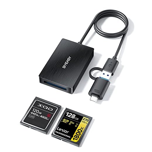 XQD Card Reader Adapter, BYEASY Aluminum USB 3.0 XQD Memory Card Reader/Writer via USB 3.1 and USB C Ports with Braided Cable for Sony G/M Series, Nikon, Lexar Professional XQD Card