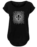 Shirt mit Strassmotiv wie abgebildet, haltbare Qualität, Maschinenwäsche, bitte Groessentabelle beachten. V-Neck leicht tailliert aber nicht eng geschnitten, Rundhalsshirt mit weitem Ausschnitt, hinten länger als vorne