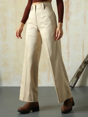 Image of High Star Women High Rise Solid Regular Length Wide Leg Casual Trousers