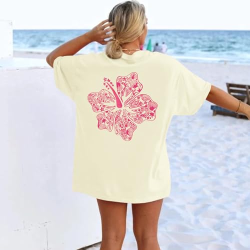 Image of Hawaiian T Shirts for Women Oversized Aesthetic Hibiscus Flower Beach Shirt Teens Preppy Tropical Graphic Tee Tops