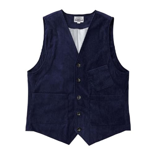 Men's Vintage Corduroy Suit Vest Lightweight V Neck Button Down Solid Color Sleeveless Jackets Formal Party Wedding with Pockets Plus Size Navy